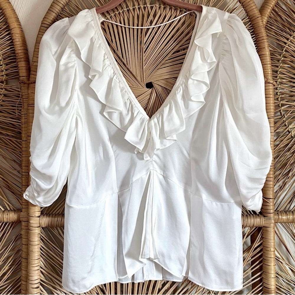 Sandro White Puff Sleeve Ruffled Blouse